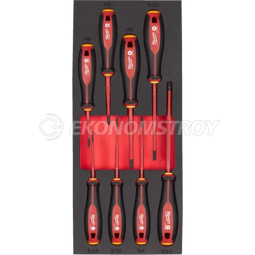 Отвертка Milwaukee Отвертки Milwaukee VDE 8шт (4932493249) (диэлектрические, трехгранные, в ложементе, PH0/PH1/PH2/SL2.5/SL3.5/SL4/SL5.5/SL6.5)