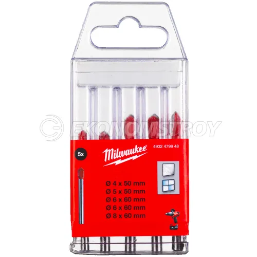 Сверло по керамике и стеклу Milwaukee Набор сверл по и плитке 5 шт GENII (1x4x50, 1x5x50, 2x6x60, 1x8x60)