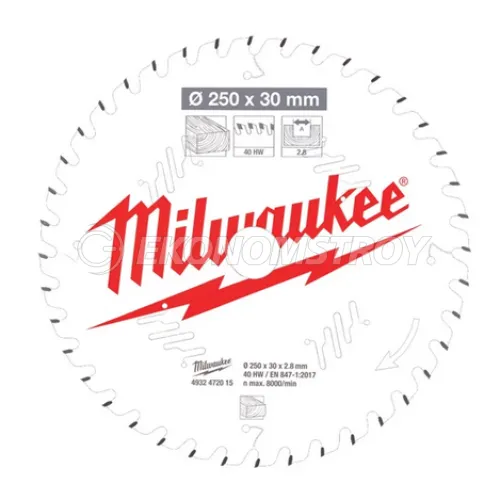 Milwaukee Пильный диск для торцовочной пилы по дереву 250x30x2,8x40 скошенные зубья