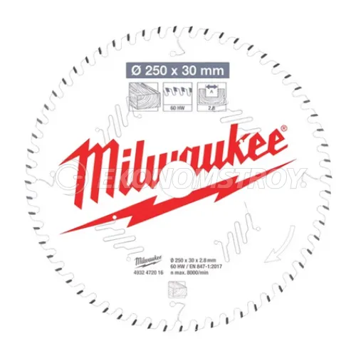 Milwaukee Пильный диск для торцовочной пилы по дереву 250x30x2,8x60 скошенные зубья