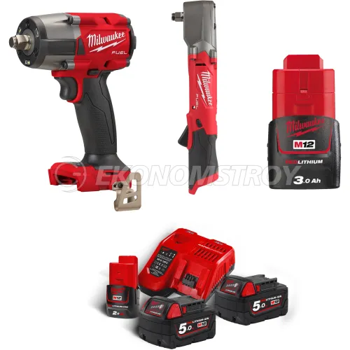 Набор инструмента Milwaukee инструментов Milwaukee M18FMTIW2F12/M12FRAIWF12/M18NRG-502/M12B3 (A001MLW) (в входит: гайковерт Milwaukee M18 FMTIW2F12-0X FUEL (493347844