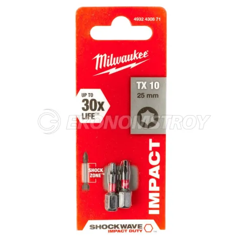 Бита Milwaukee TX10 / 25 mm / SHOCKWAVE™ 1/4" / 2 шт.