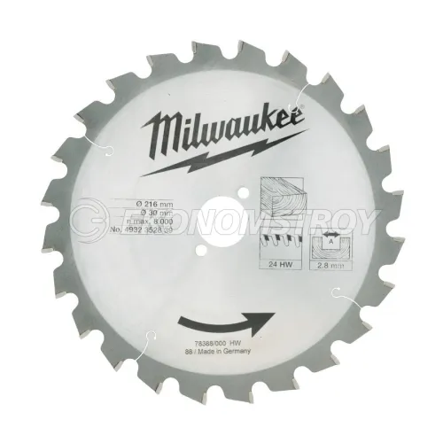 Пильный диск Milwaukee 216x2.4x30 24T PTFE ATB for Wood