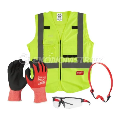 Milwaukee Строительный набор СИЗ Milwaukee 10/XL (4932492063) (состав набора : прозрачные очки повышенной безопасности, заглушки для ушей, перчатки, жилет)