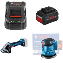 Набор инструмента GAL 1880 CV BOSCH (1.600.A00.B8G) + ProCORE 18V 8.0 Ah BOSCH (1.600.A01.6GK) + GWS 180-LI (Solo, carton) BOSCH (0.601.9H9.020) + GEX 185-LI (solo, carton) BOSCH (0.601.3A5.020)